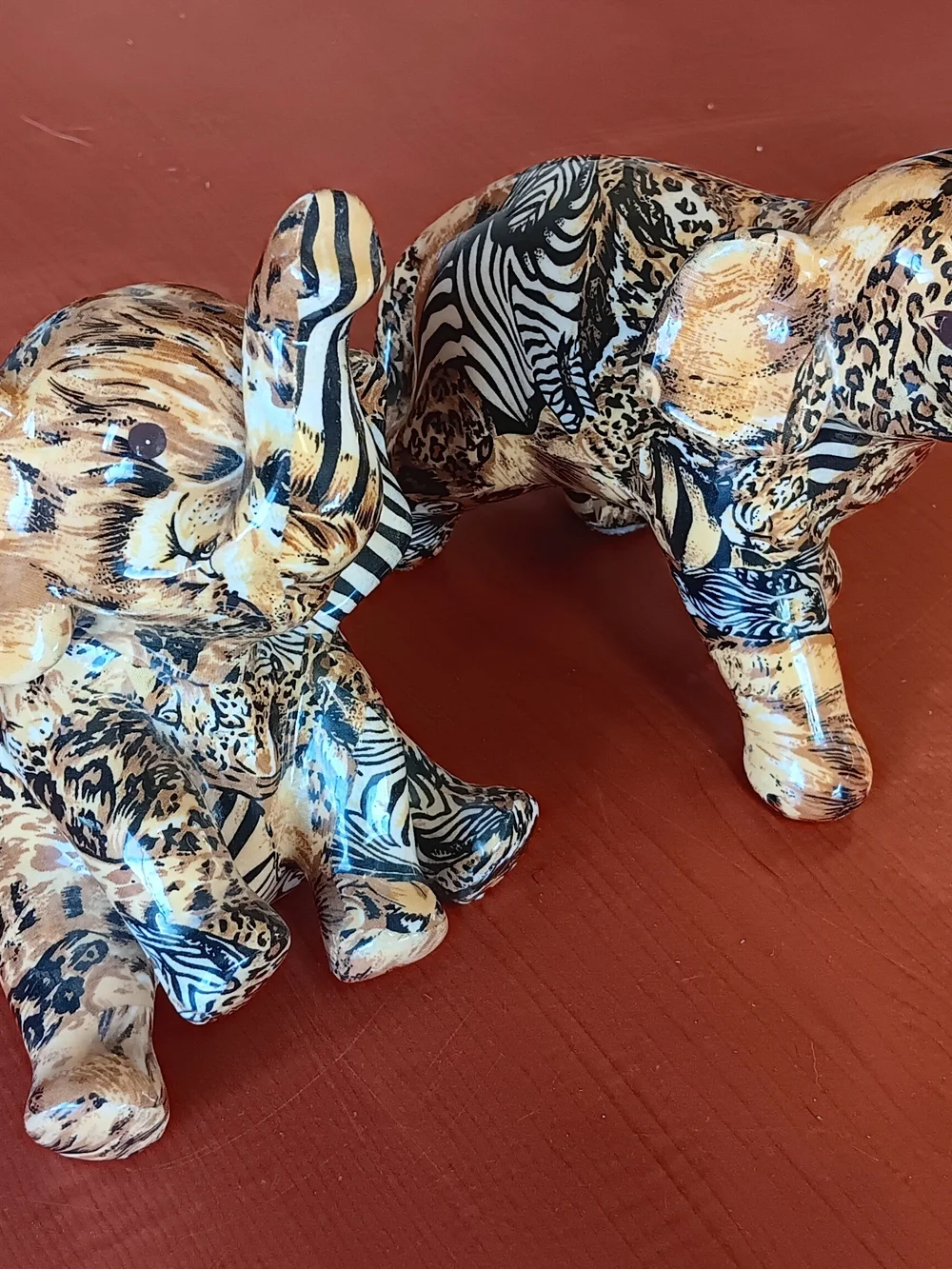 Animal Print Ceramic Elephant Figurines - Black & Tan